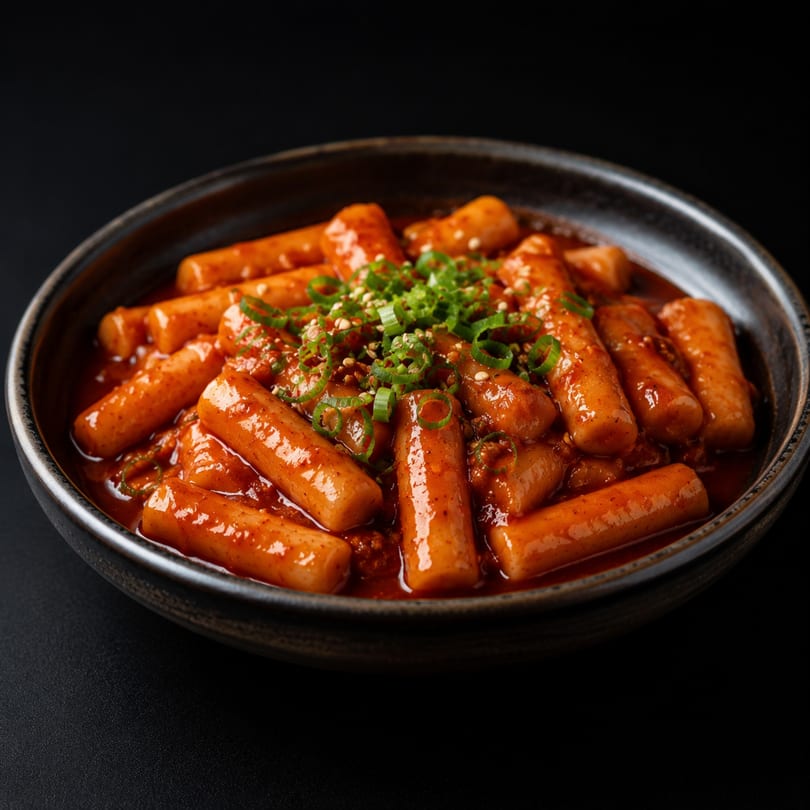 A dark bowl filled with cylindrical tteokbokki rice cakes in a rich red sauce, garnished with green onions.
