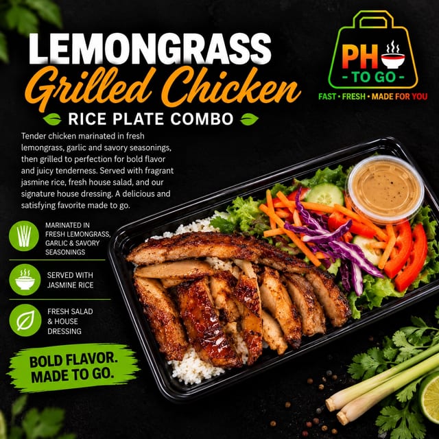 A8: Lemongrass Grilled Chicken Rice Plate Combo.