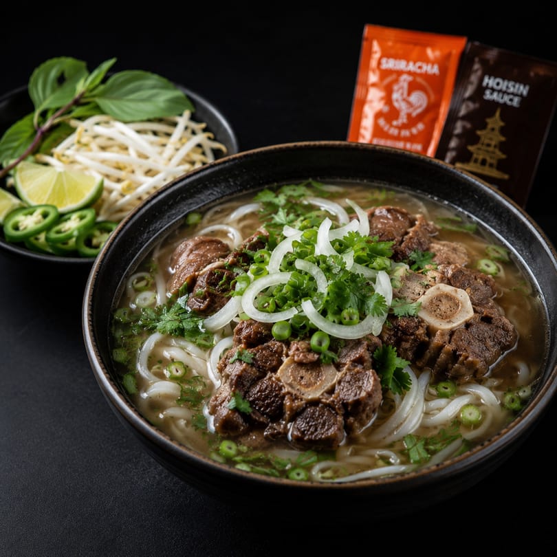 Oxtail pho with noodles, herbs, lime, jalapeños, bean sprouts, Sriracha, and hoisin sauce.