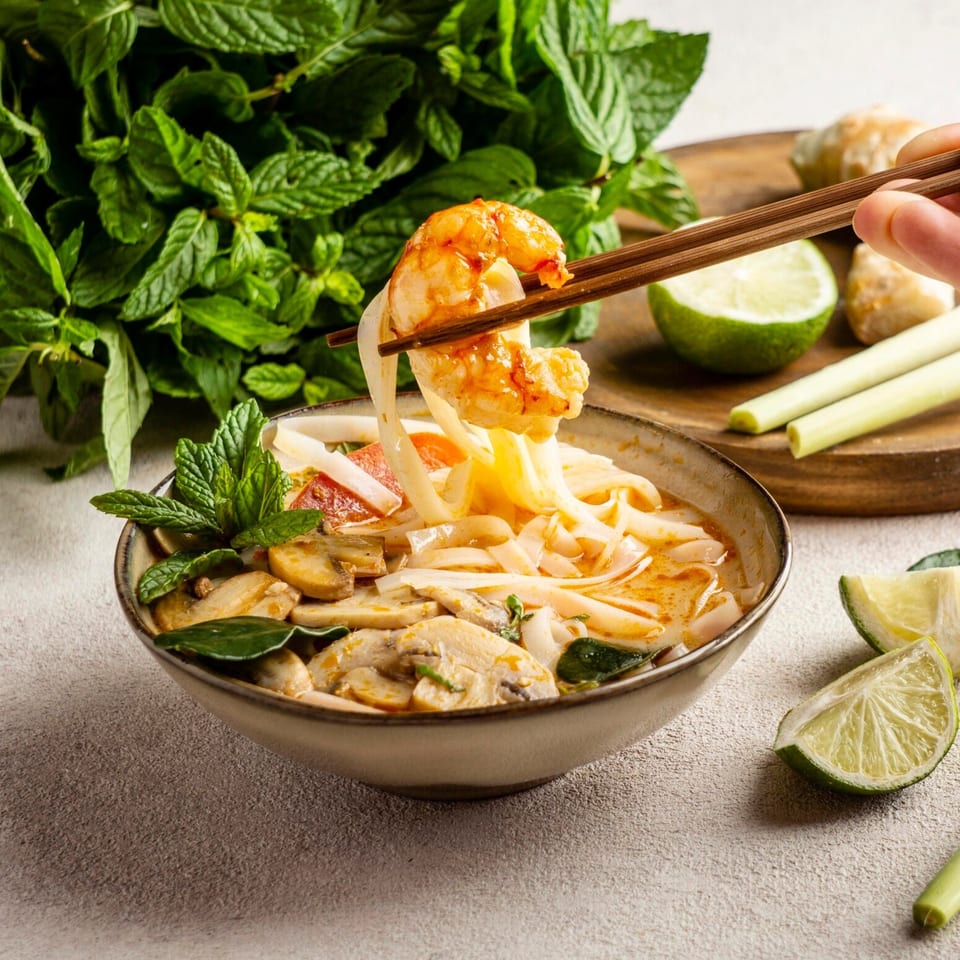 Chopsticks lifting shrimp and noodles from a bowl of Vietnamese pho with mint and lime.