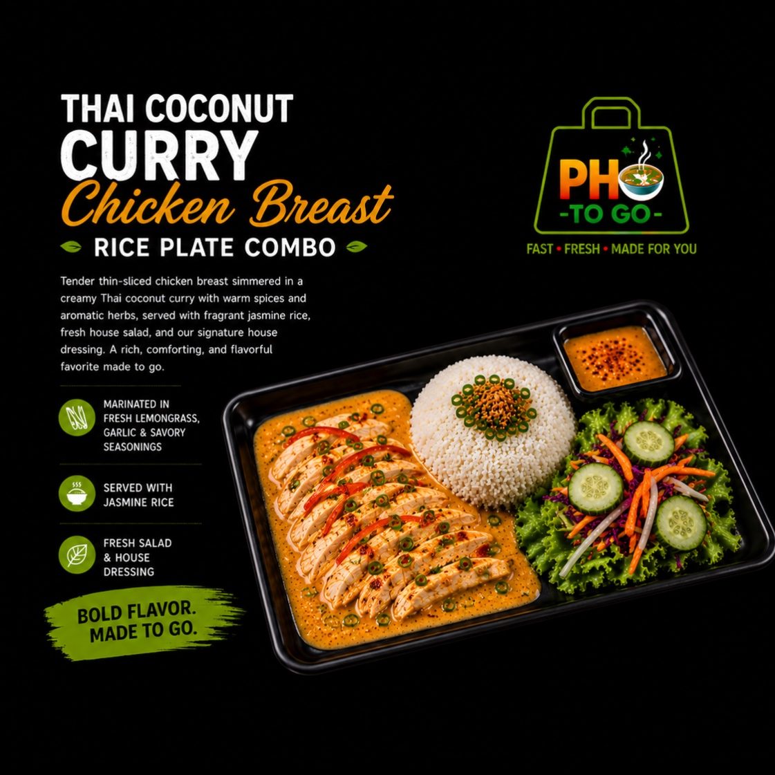 Thai Coconut Curry Chicken Breast Rice Plate Combo.